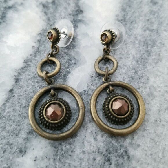 Boho Circular Drop Post Earrings, Brown Rhinestones, Neutral Tones - Picture 5 of 5